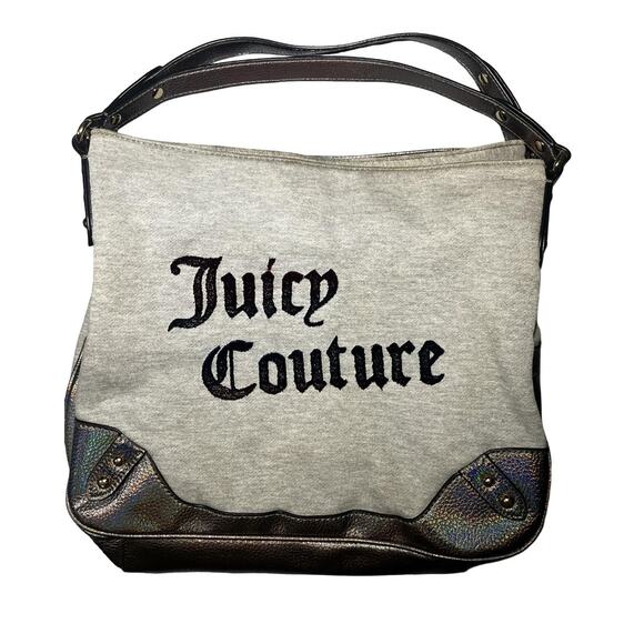 Juicy Couture Y2K Shoulder Bag Womens Gray Hobo Iridescent Trim Velvet Logo - Picture 1 of 14